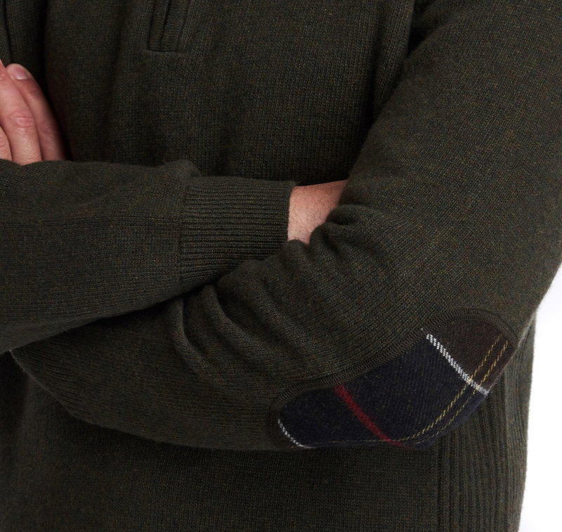 Olive green Barbour sweater with tartan sleeve detail