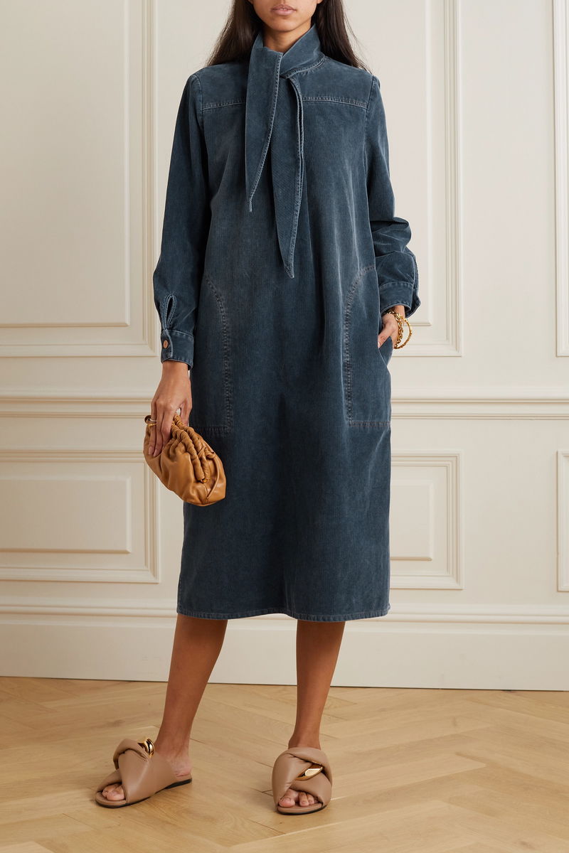 SEE BY CHLO Tie-Neck Washed Cotton-Corduroy Midi Dress | endource