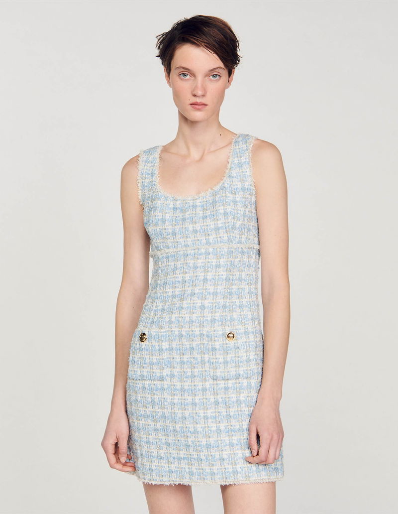 Short Sandro Taille Haute En Coton Tweed Bleu - Taille 40 - Occasion Très Bon état