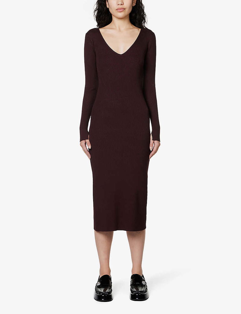 GANNI V-Neck Ribbed Knitted Midi Dress | endource