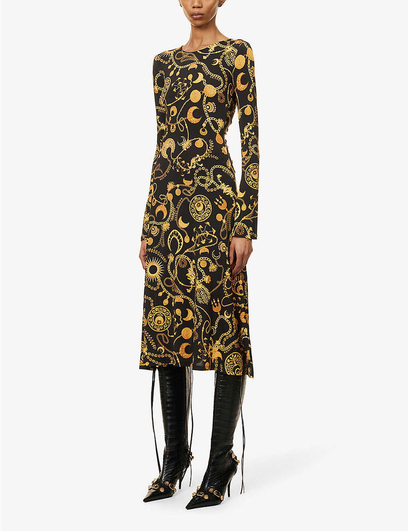 knee length dresses for ladies Marine Serre // Black & Multicolour Regenerated Graphic Midi Dress  VSP  Consignment