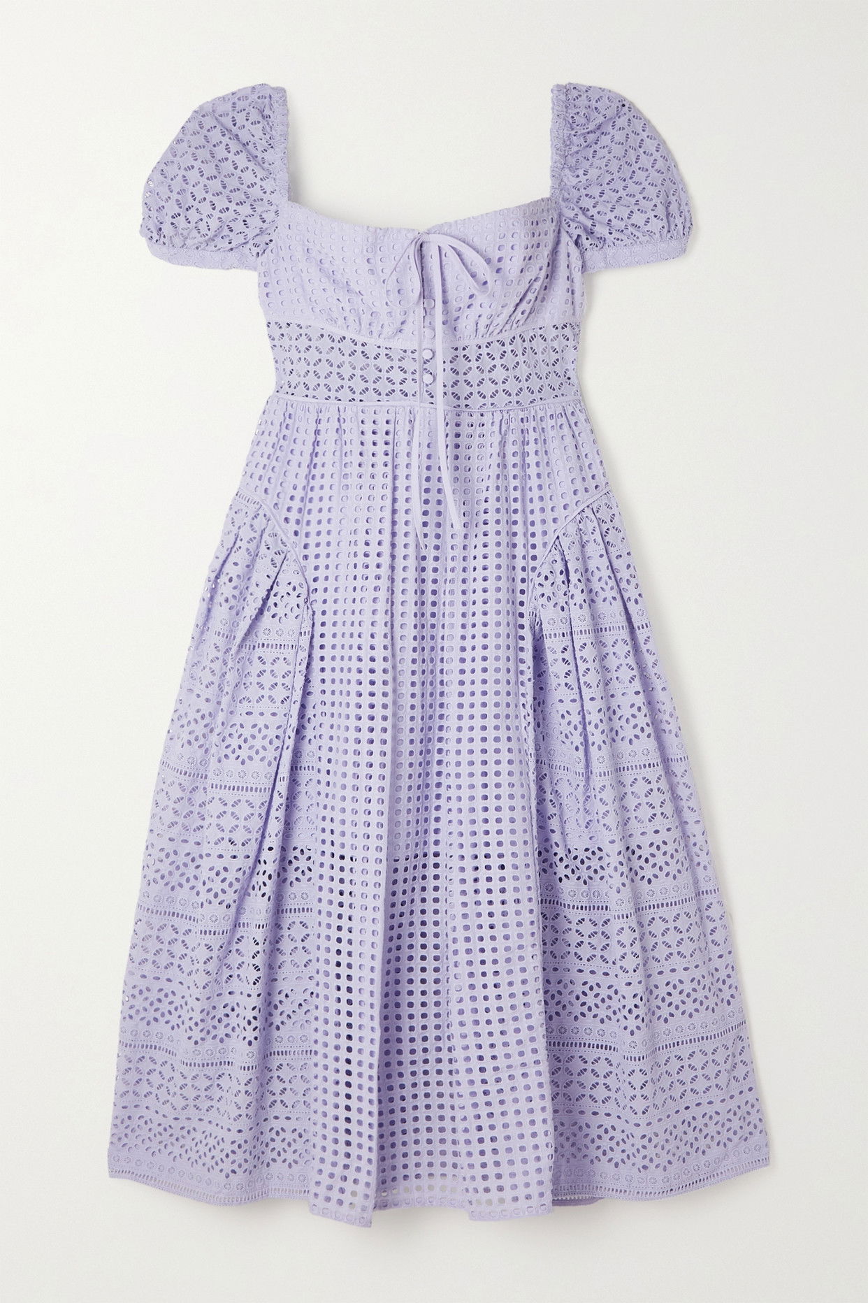 lilac cotton broderie anglaise midi dress SELF-PORTRAIT Paneled Broderie Anglaise Cotton Midi Dress