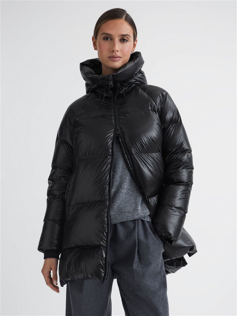 REISS Rae Shiny Mid Length Puffer Coat in Black | Endource