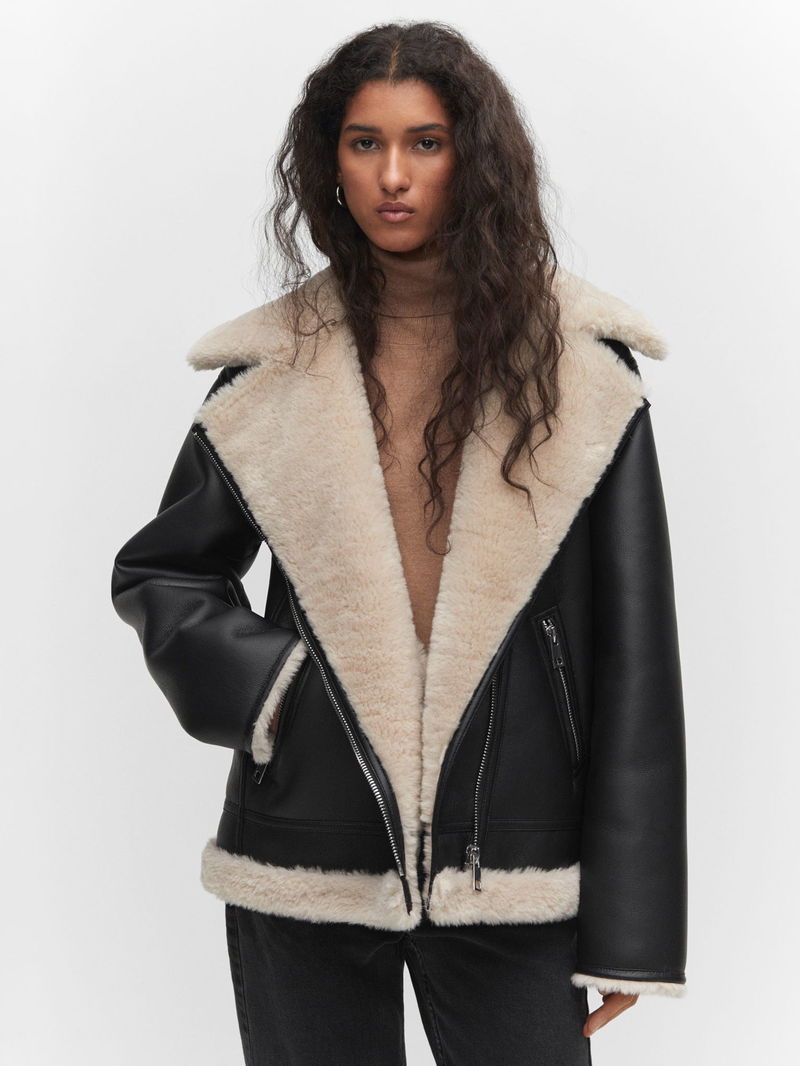 MANGO Adri Faux Shearling Lined Biker Jacket in Black