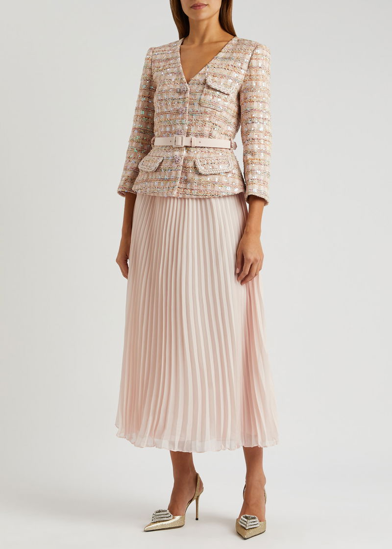 SELF-PORTRAIT Pleated Chiffon And Boucl-Tweed Midi Dress | endource