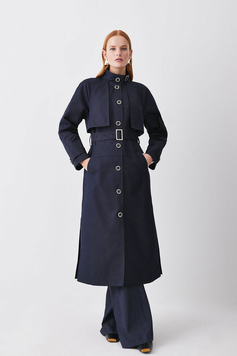 KAREN MILLEN Storm Flap Belted Trench Coat in Navy | Endource