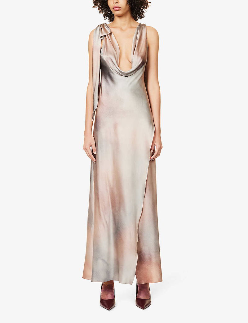 ACNE STUDIOS Washed-Print Cowl-Neck Stretch-Silk Maxi Dress endource