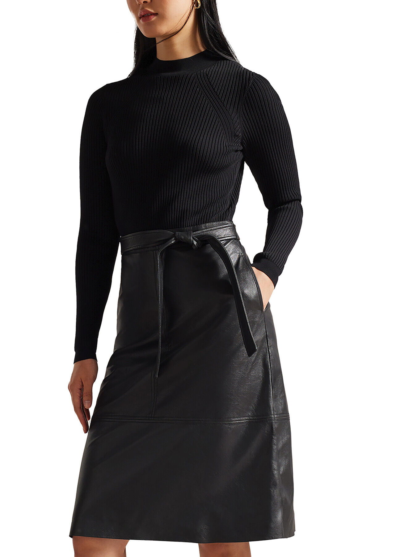 TED BAKER Alltaa Knitted Bodice Dress With Pleather Skirt | endource