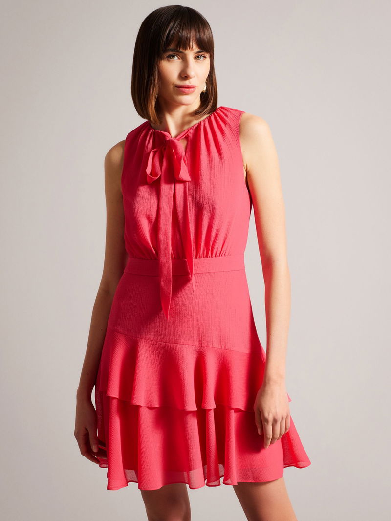 ted baker red ruffle dress Ted Baker Maroon Ruffle Neck A-Line Dress