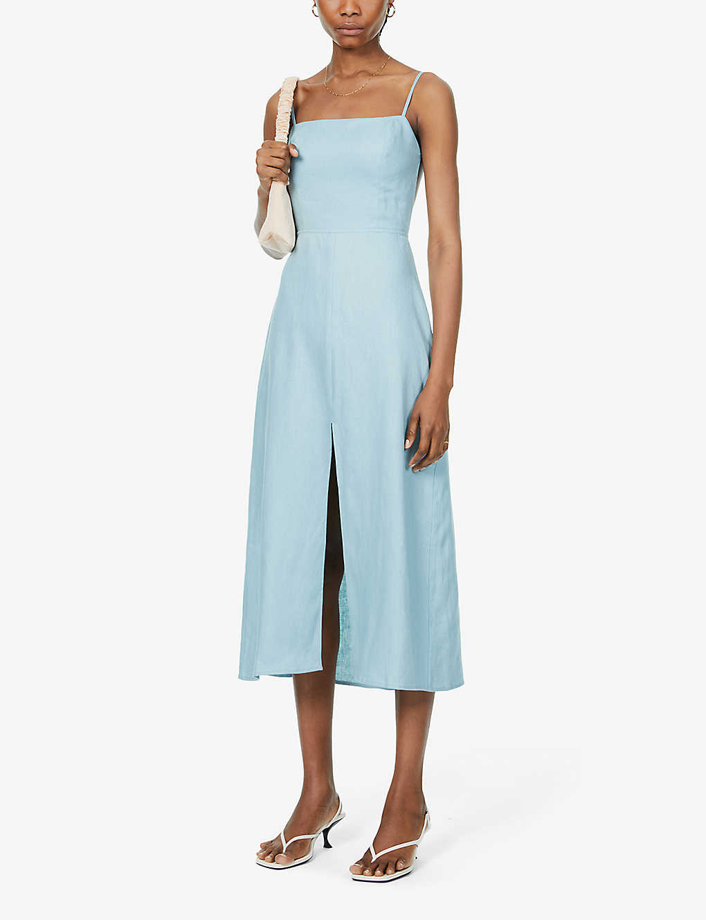 reformation nia linen dress Reformation Nia Front-Split Tie-Back Linen Midi Dress - Turquoise