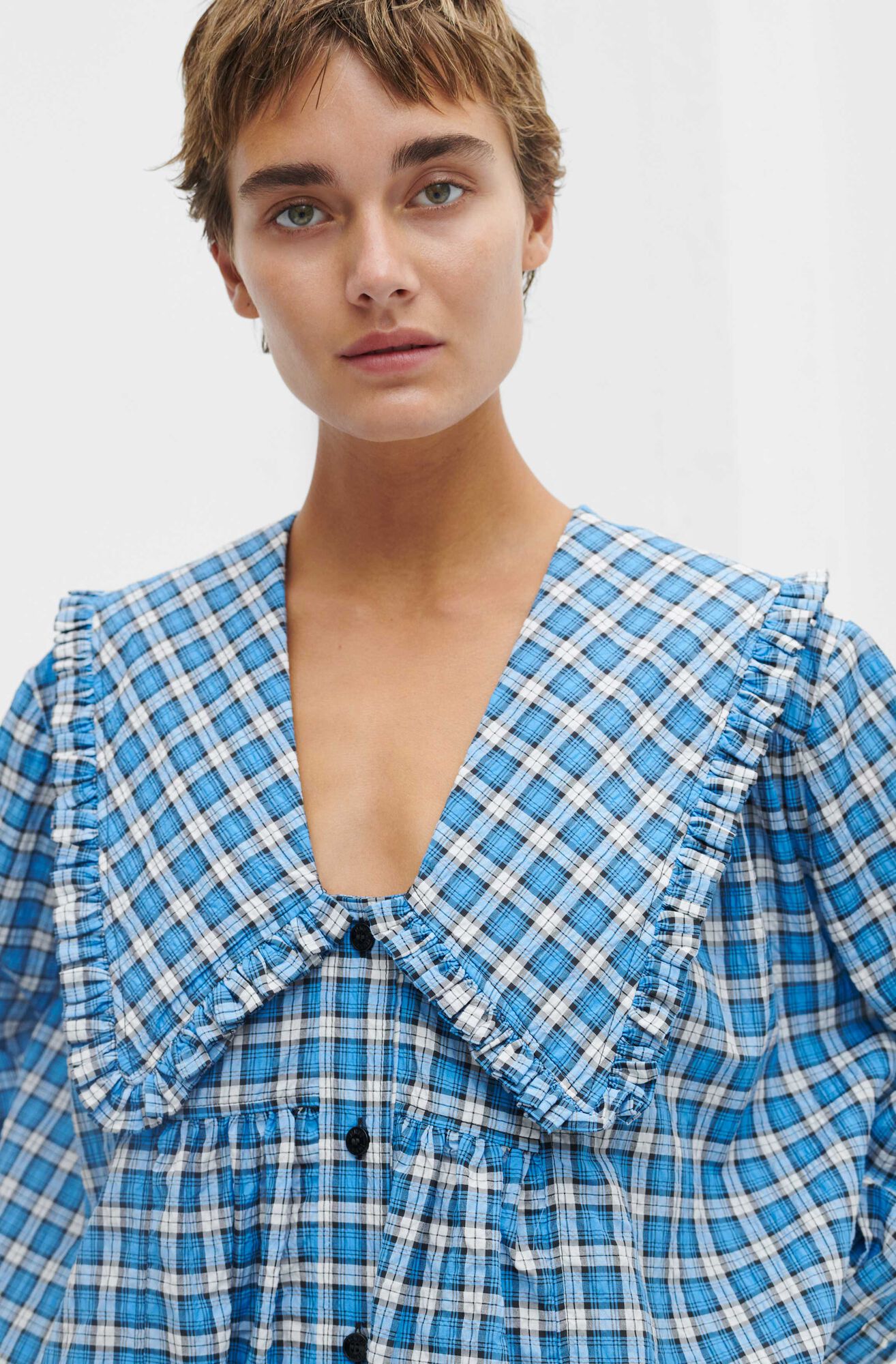 ganni blue check dress Seersucker Seersucker Check Wide Shirt Color:Lake Blue modern polish to every pastel flower girl dress Kenna Micro Mini Dress