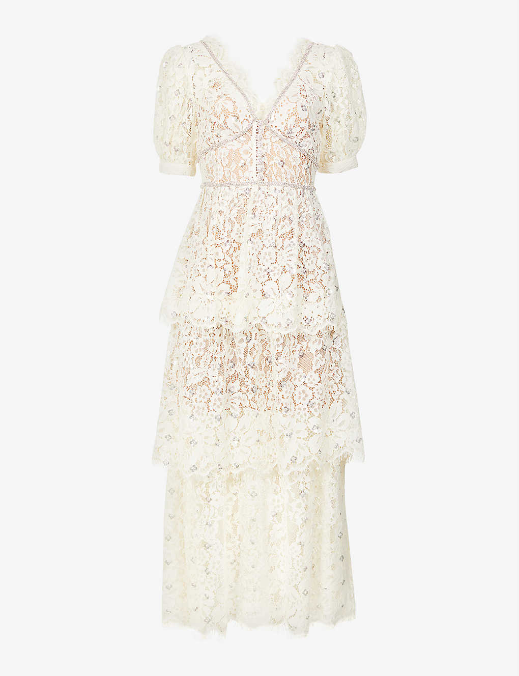 SELF-PORTRAIT Tiered V-Neck Lace Midi Dress endource