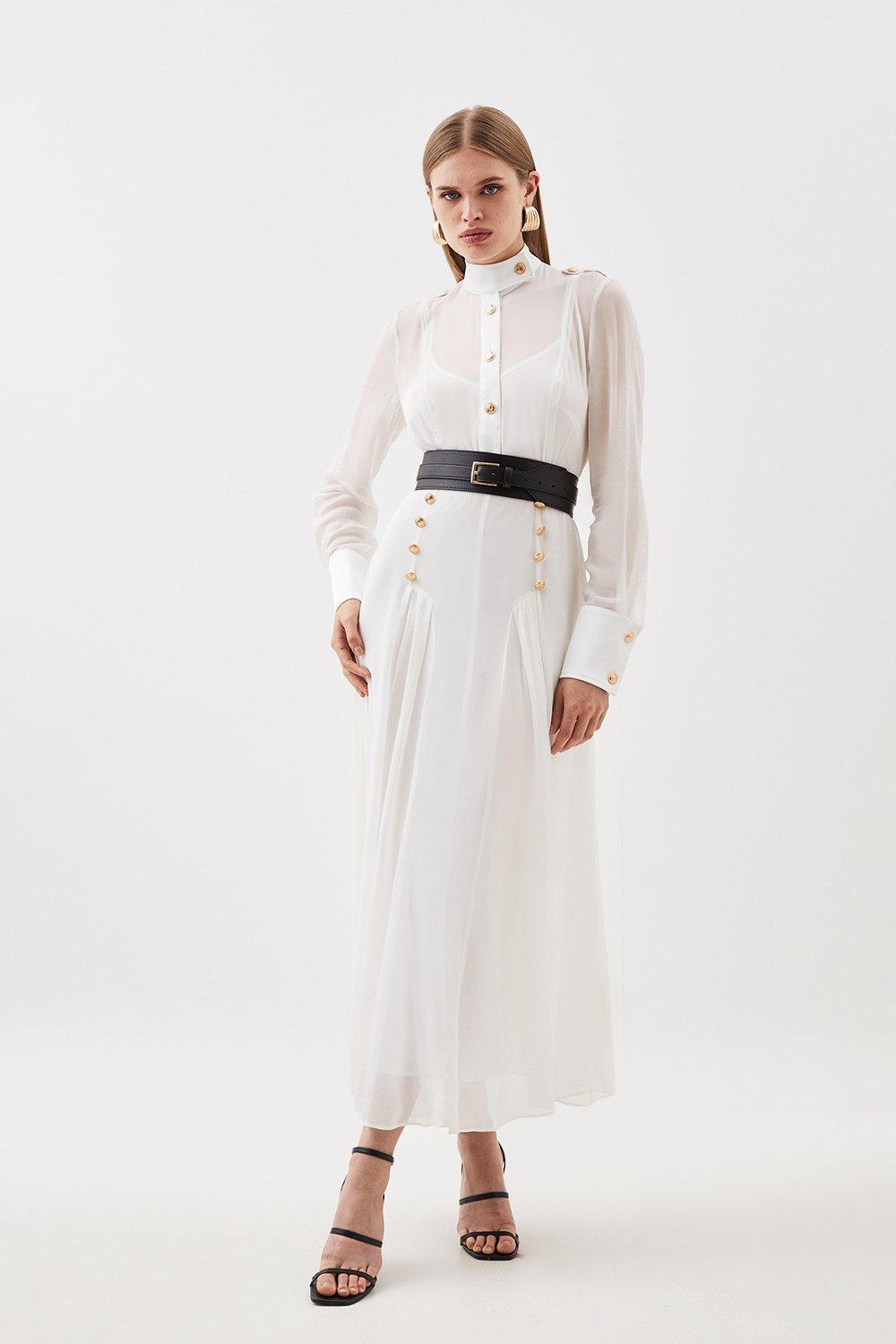 KAREN MILLEN Military Belted Sheer Woven Midaxi Dress in Ivory Endource