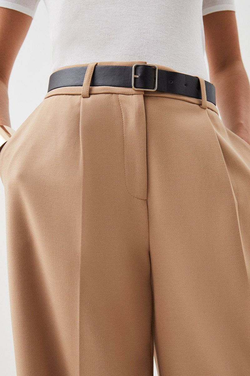 Leather Belted High Waisted Wide Leg Pants | Karen Millen