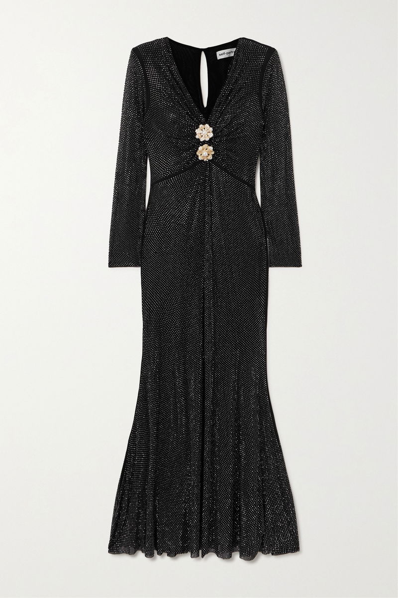 SELF-PORTRAIT Gathered Crystal-Embellished Mesh Midi Dress | endource