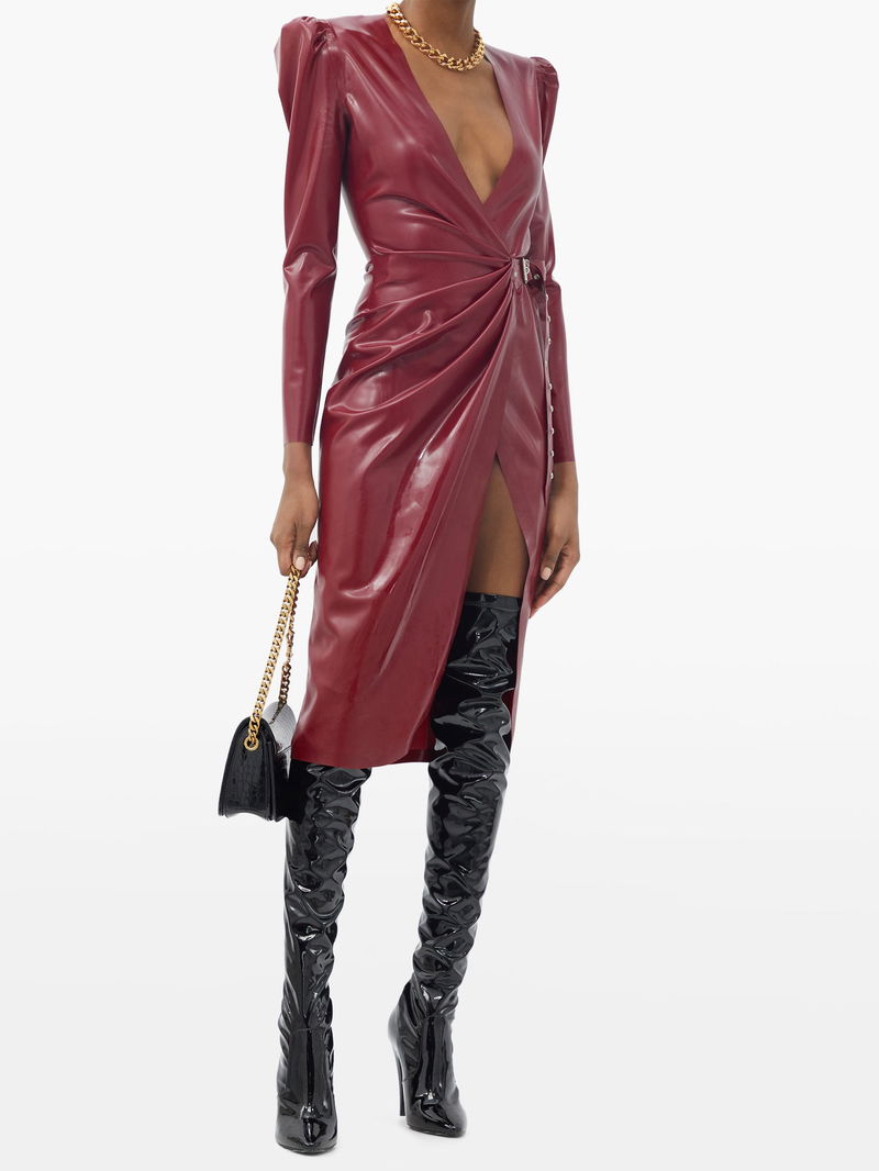 SAINT LAURENT Buckled Latex Wrap Dress | endource