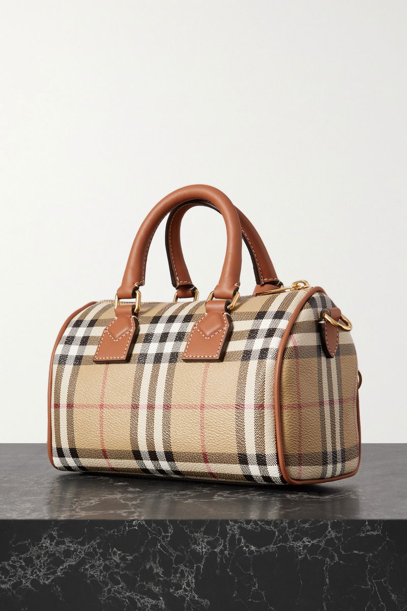 Small leather-trimmed checked cotton-canvas tote