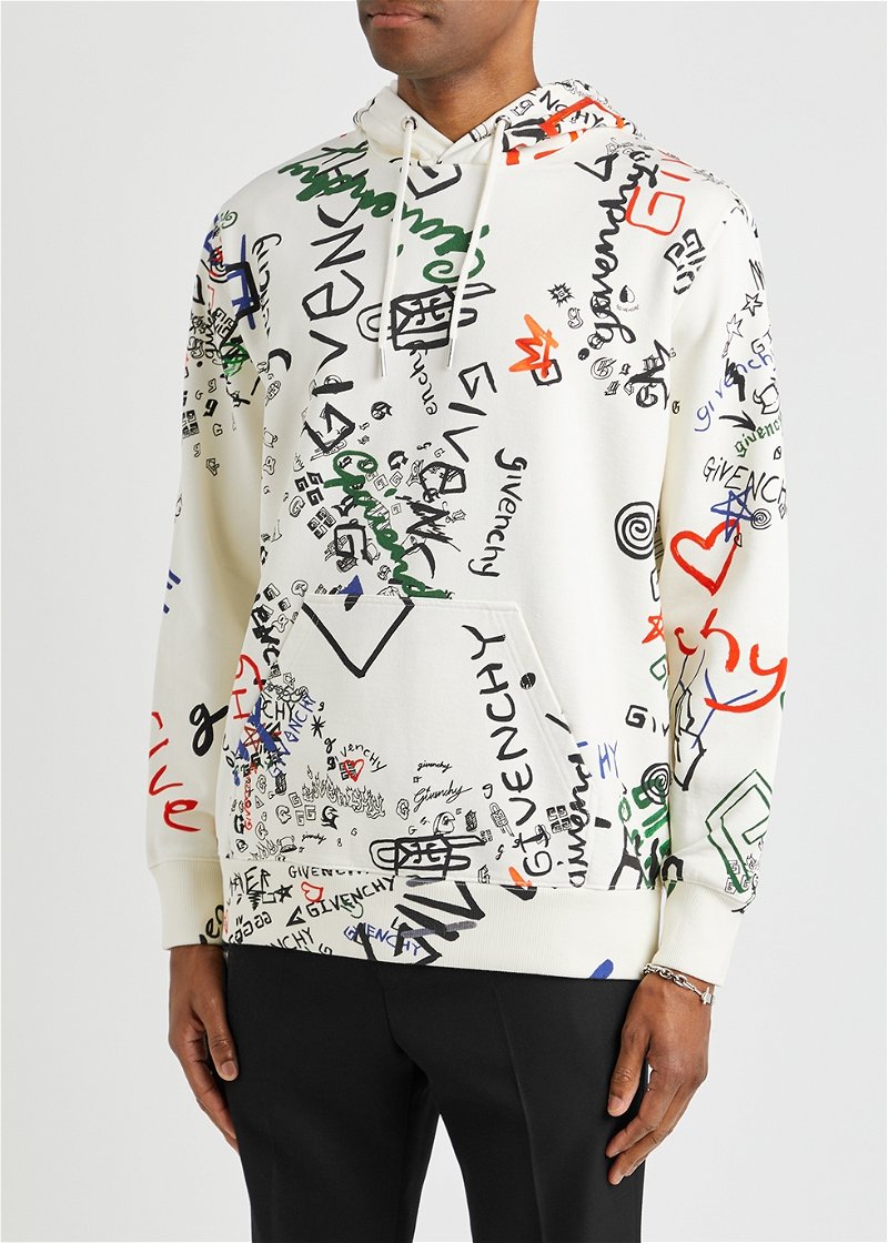 Givenchy Graffiti-print Cotton-blend Jersey Hoodie in Natural for