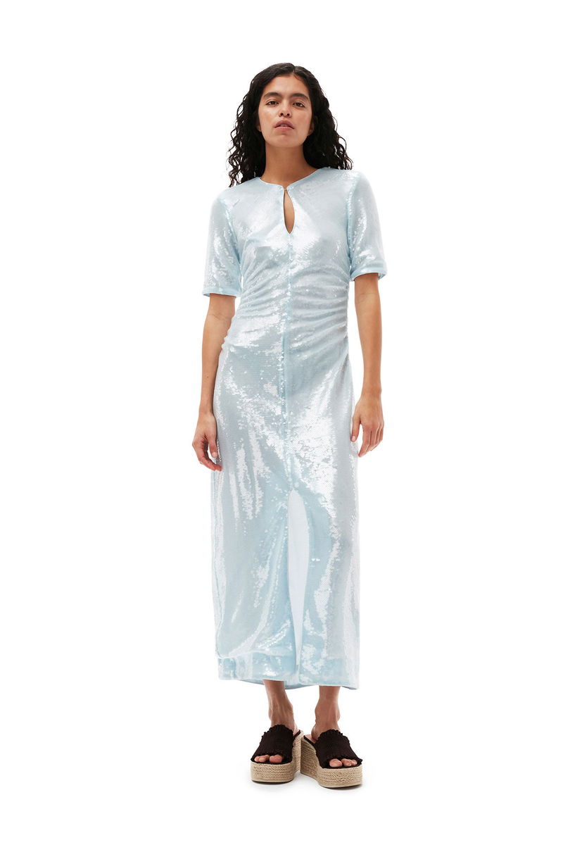 ganni light blue dress Ganni BLUE FLORAL CRINKLED SATIN LONG DRESS – Shop at the Mix main image 0