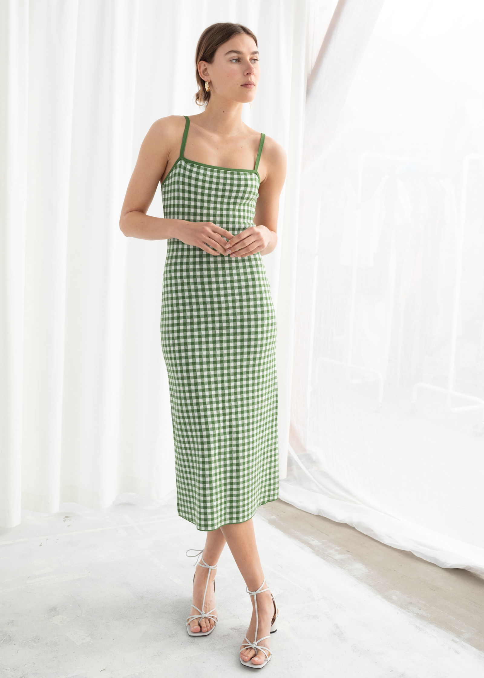 & other stories fitted gingham midi dress Red Gingham Sleeveless Midi Dress - Print Dresses