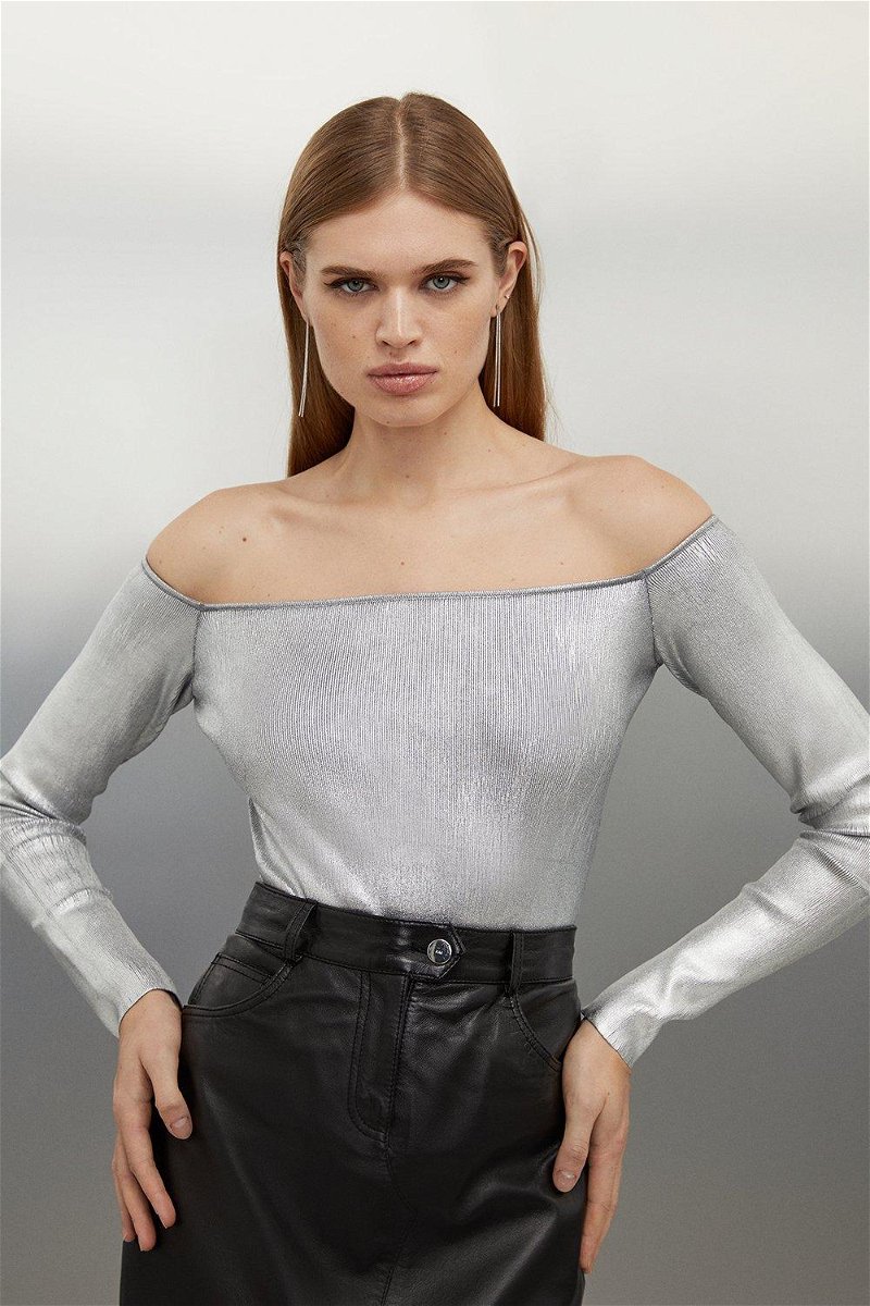 KAREN MILLEN Premium Viscose Blend Body Contouring Foiled Knit Bardot Thong  Bodysuit in Silver