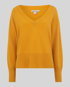Golden yellow V-neck sweater with Whistles logo