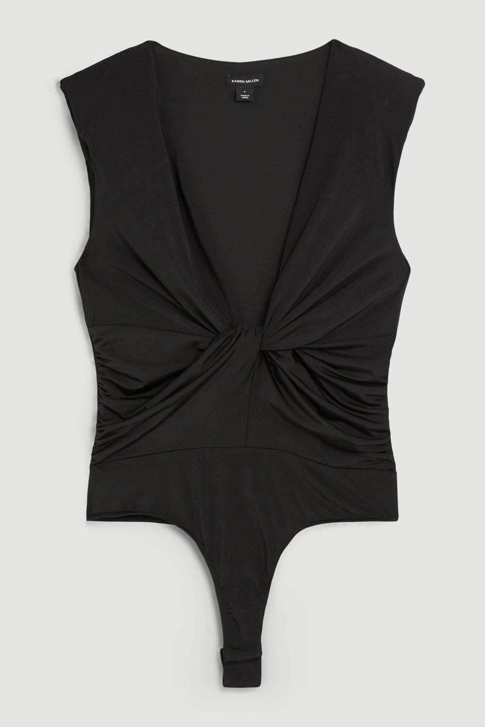 KAREN MILLEN Jersey Crepe Plunging Draped Bodysuit in Black