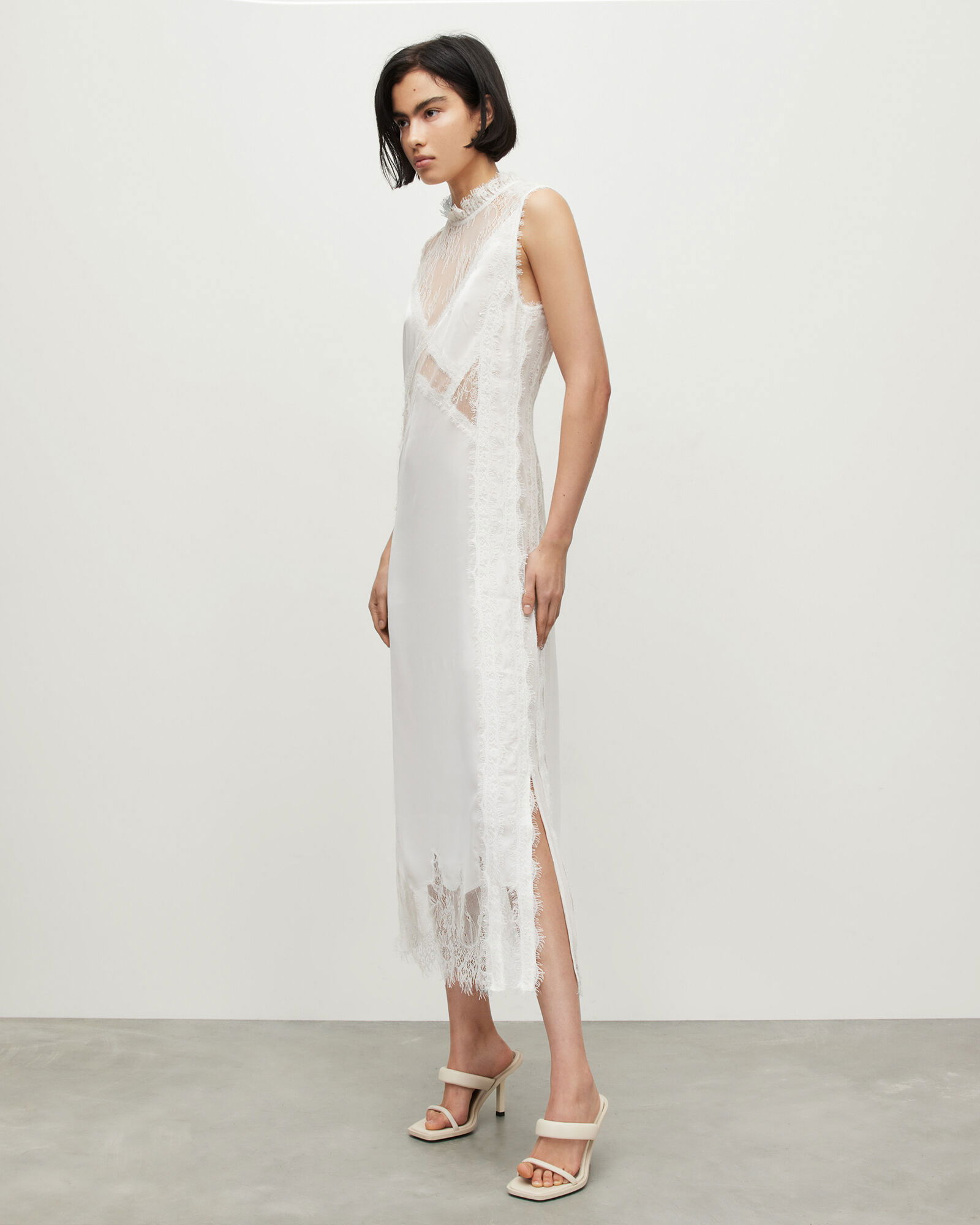 mila lace maxi dress ALLSAINTS Mila Lace Panelled Frill Trim Maxi Dress