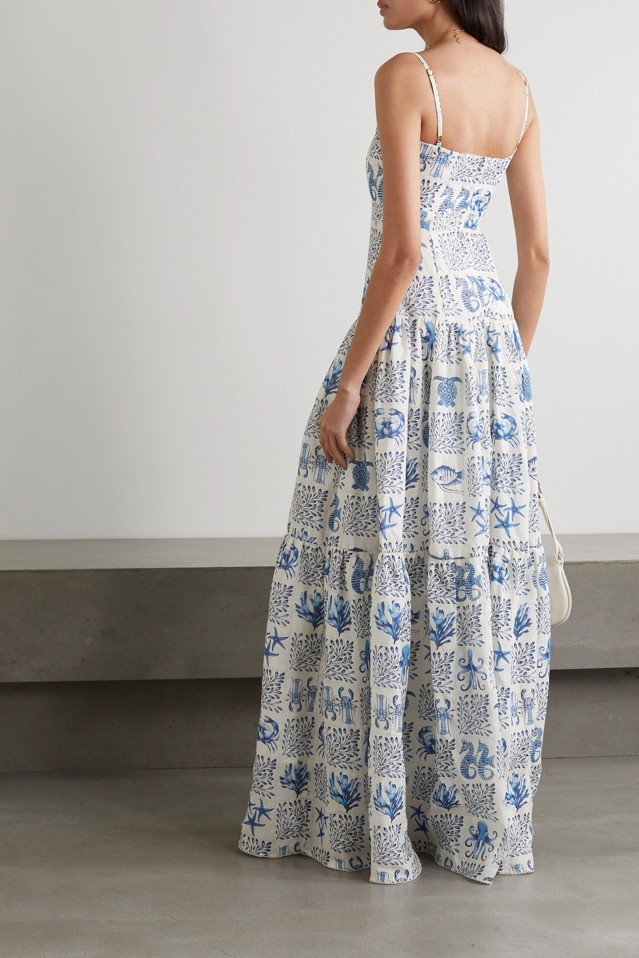 agua by agua bendita lima floral linen maxi dress AGUA BY AGUA BENDITA Lima Jardiniera Tiered Floral Linen Maxi Dress
