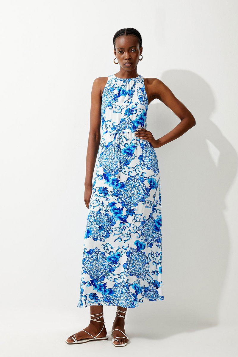karen millen blue maxi dress Karen Millen Archive Collection - Corset Detail Georgette Cape Woven Maxi Dress in Blue