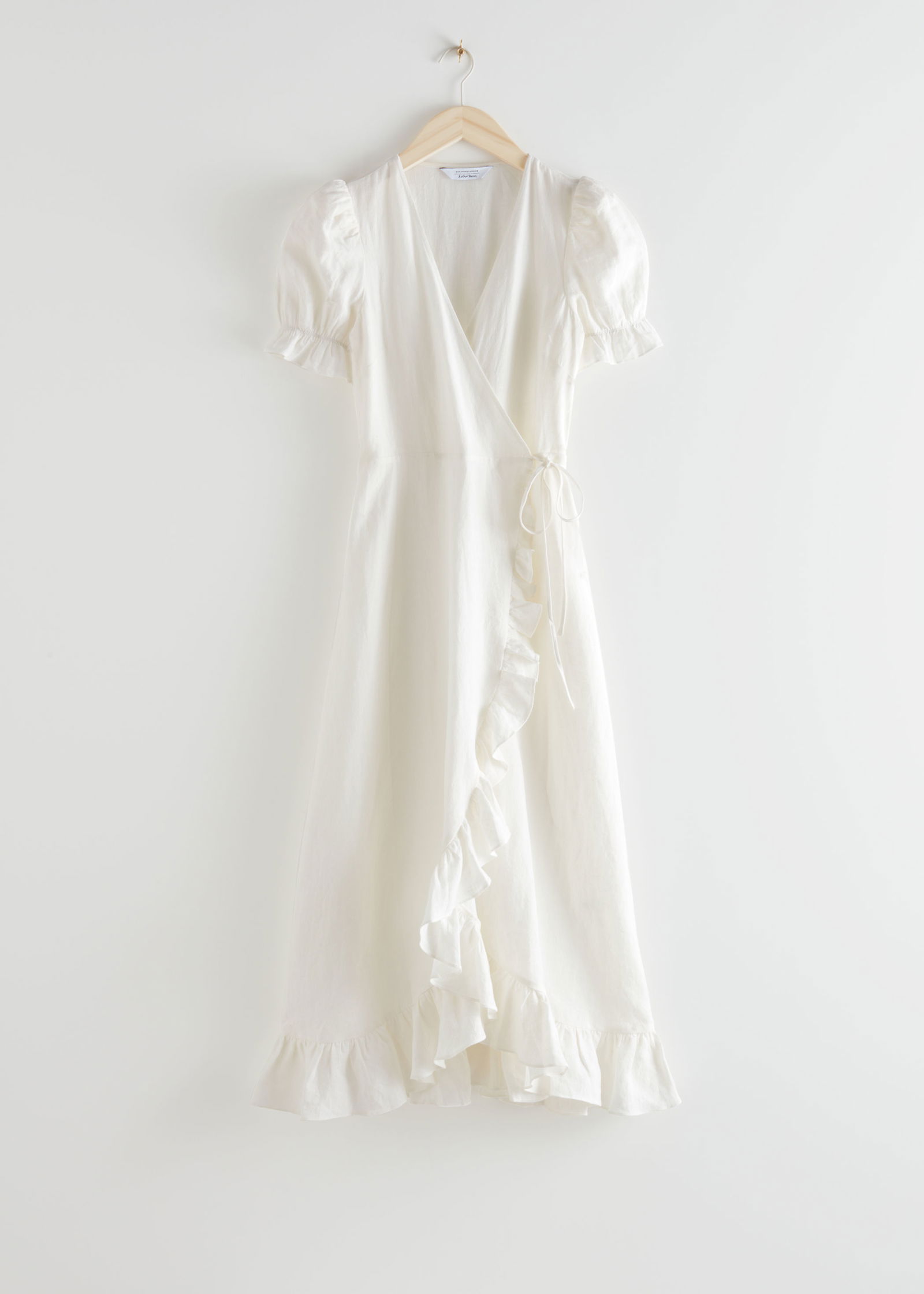 & OTHER STORIES Frilled Linen Midi Wrap Dress in White | endource