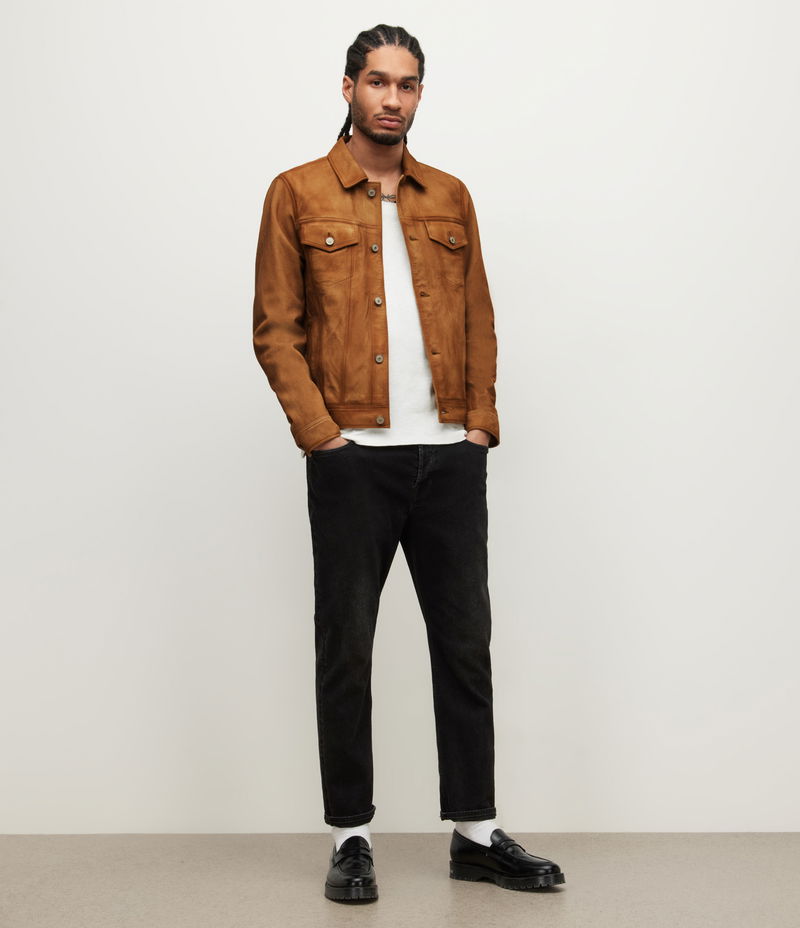 Allsaints Denton Suede Trucker Jacket In Havana Brown 