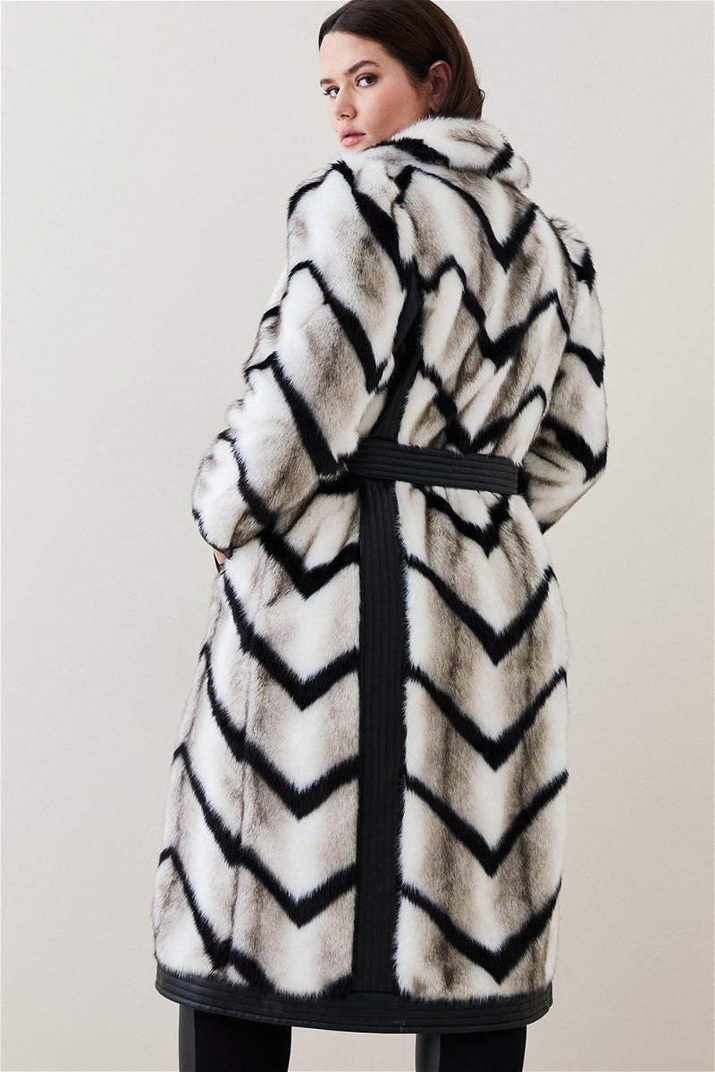 Panelled Stripe Faux Fur Pu Belted Long Coat
