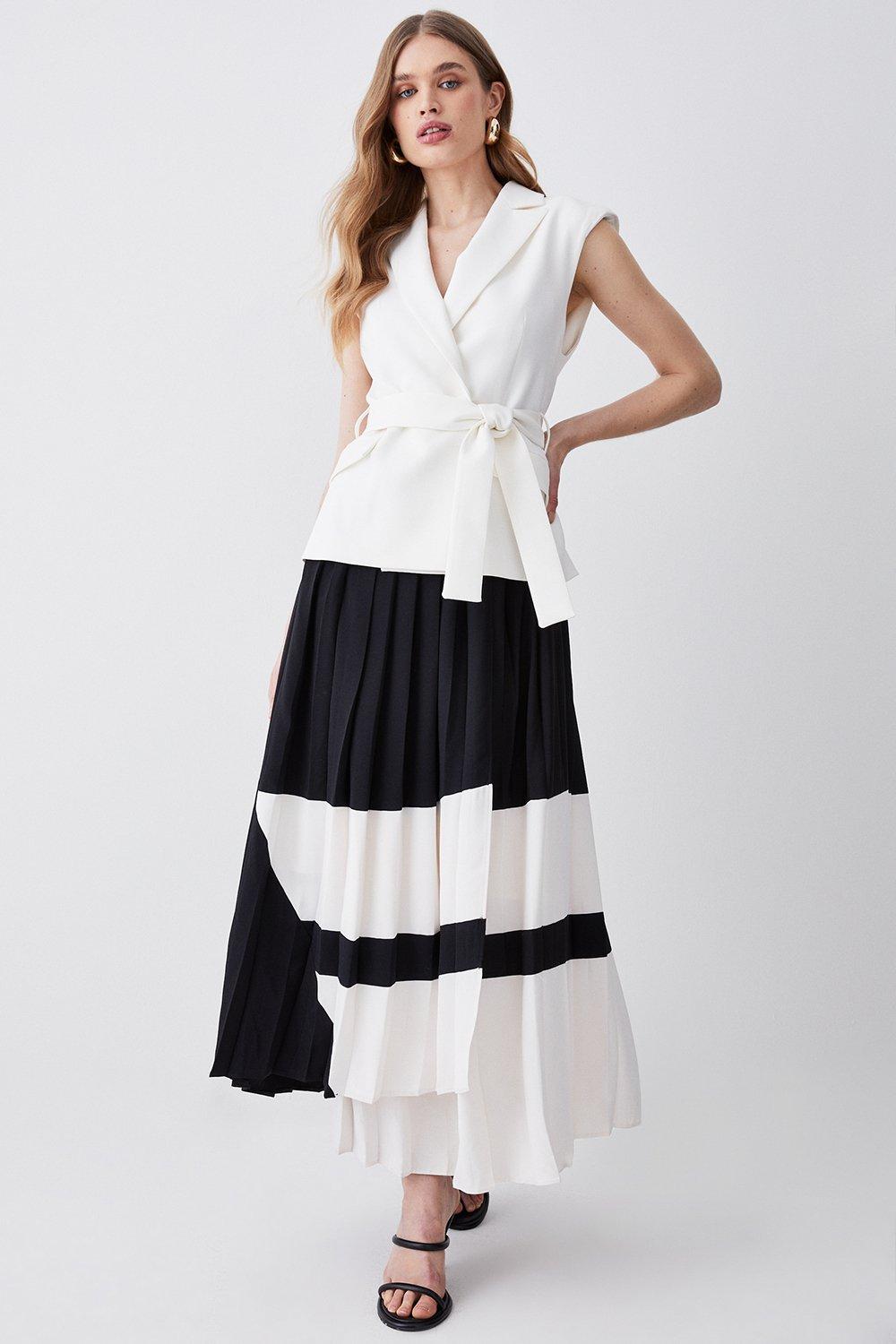KAREN MILLEN Mono Tailored And Pleat Belted Midi Dress in Mono Endource