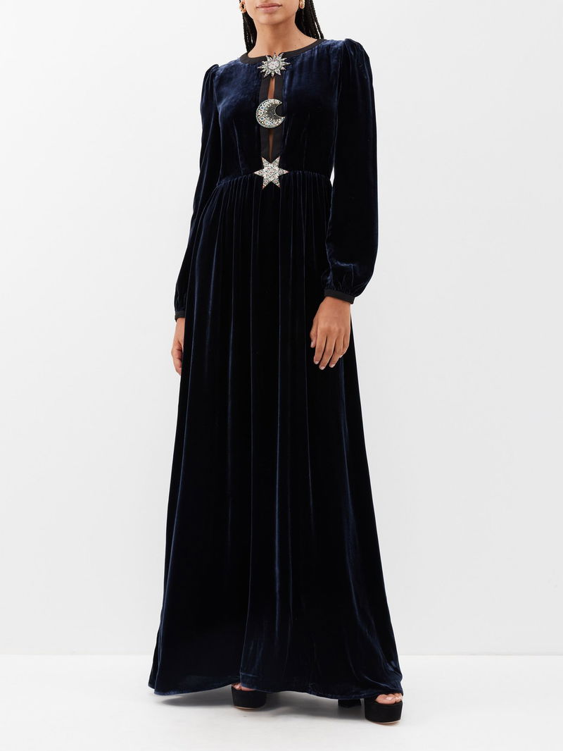 SALONI Camille Beaded-Brooch Velvet Gown endource