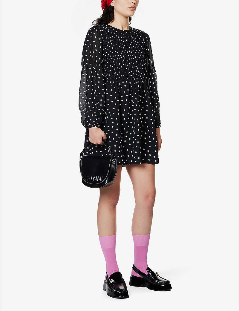 GANNI Polka-Dot Semi-Sheer Crepe Mini Dress | endource