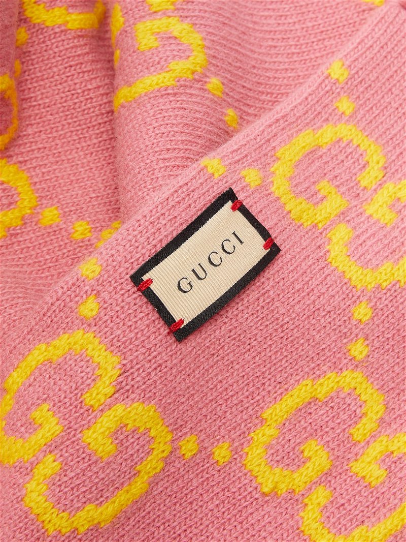 Gucci GG Logo Monogram Wool Jacquard Light Pink 'Sten' Scarf With Fringe
