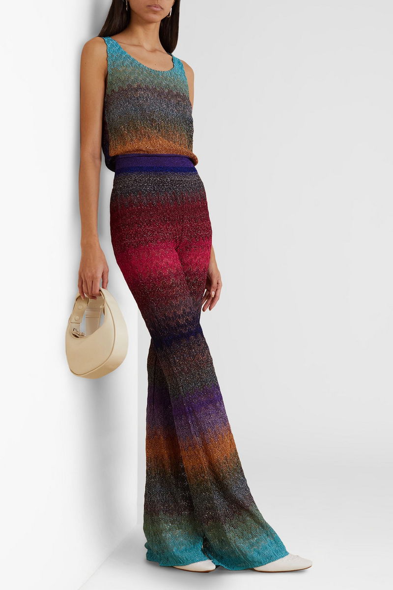 MISSONI Metallic Striped Crochet-Knit Flared Pants in Multicolor