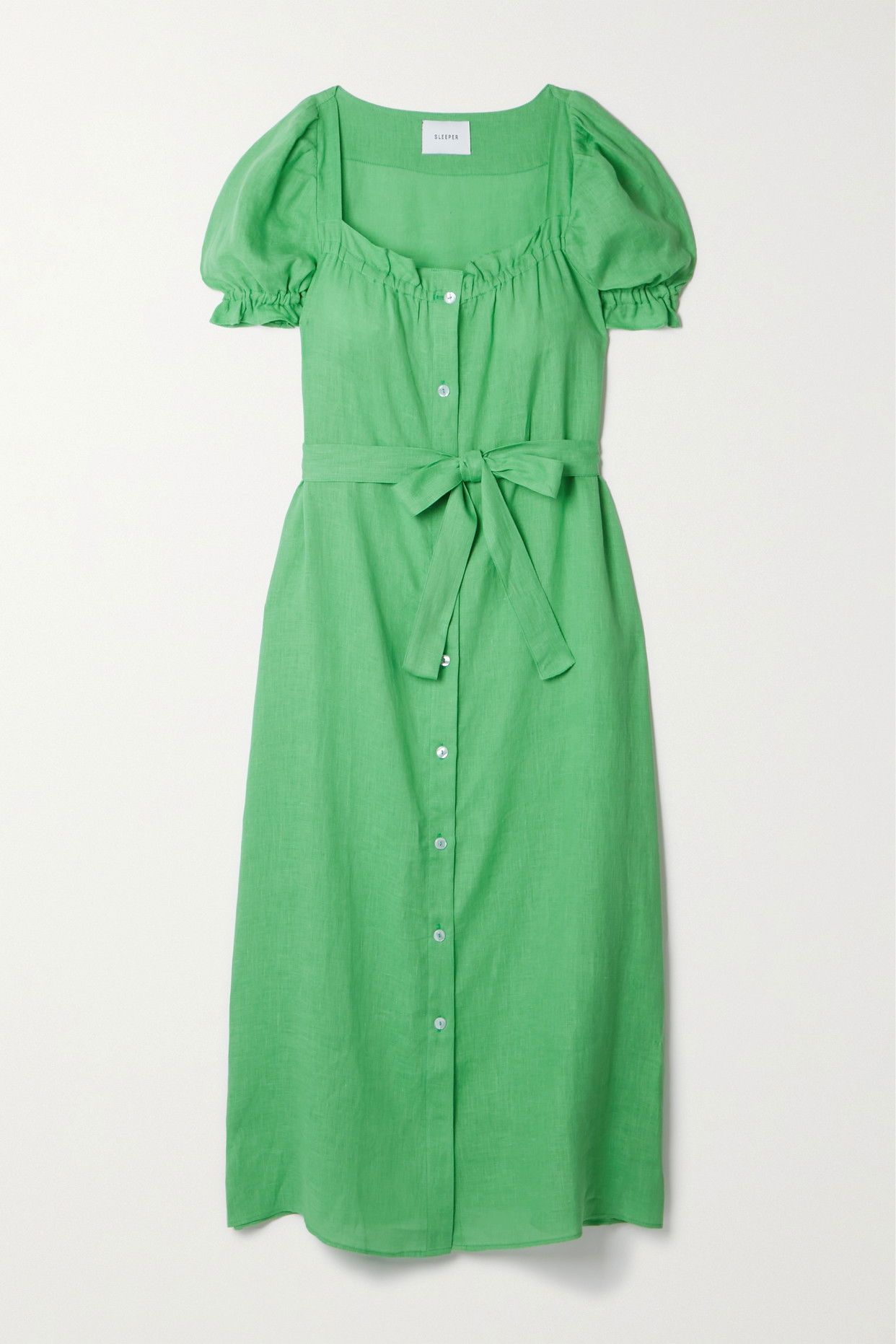 SLEEPER Brigitte Belted Linen Midi Dress | endource