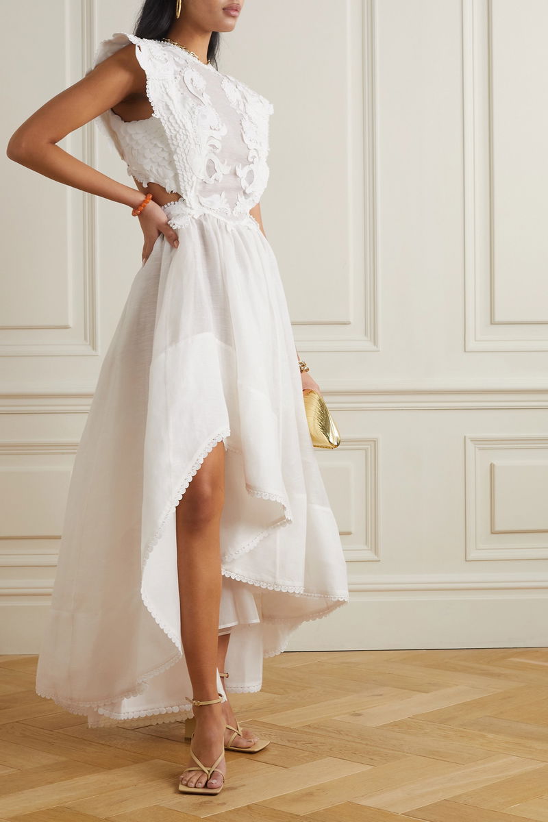 Tama Asymmetric Open-Back Embellished Linen And Silk-Blend Organza Gown