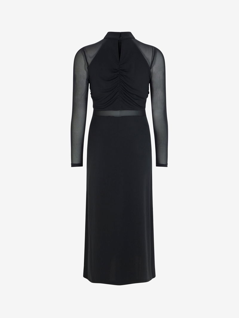 black mesh ruched velvet binded bardot midi dress Black Mesh Ruched Velvet Binded Bardot Midi Dress