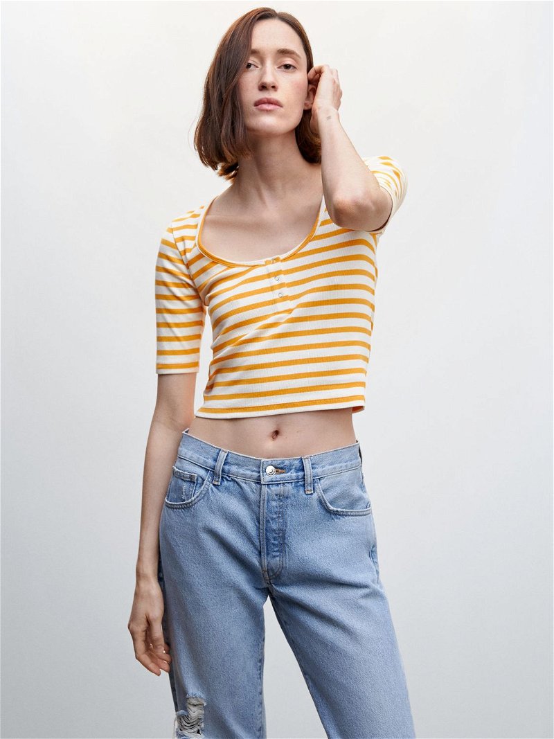 Slashed Short Sleeve Yellow Crop Top, Crop Tops for Women, Cropped
