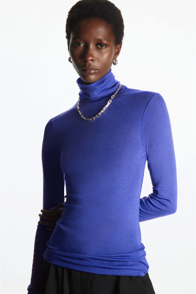 COS Slim-Fit Merino Wool Turtleneck Top in BLUE | Endource