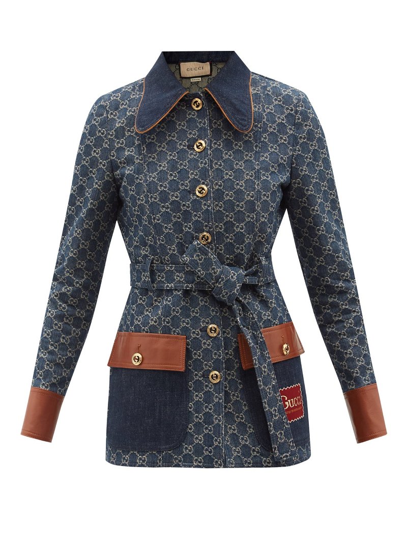 Belted leather-trimmed cotton-blend canvas-jacquard jacket