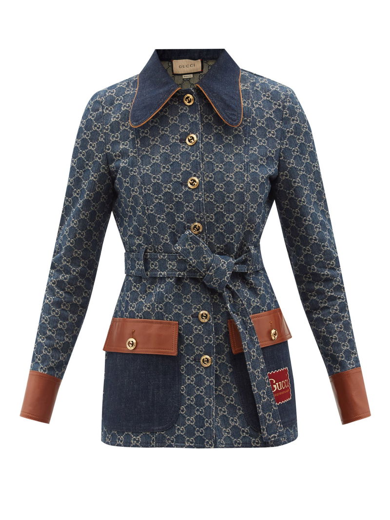 Belted leather-trimmed cotton-blend canvas-jacquard jacket