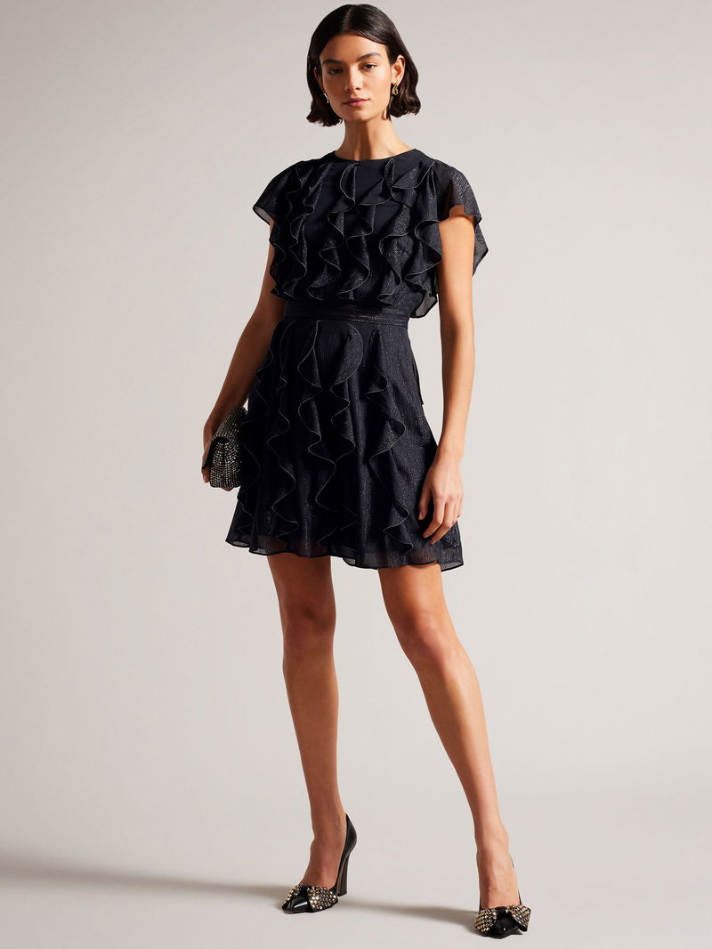 ted baker black ruffle dress Ted Baker Serepha Fitted Knit Bodice Dress With Ruffle Skirt Black