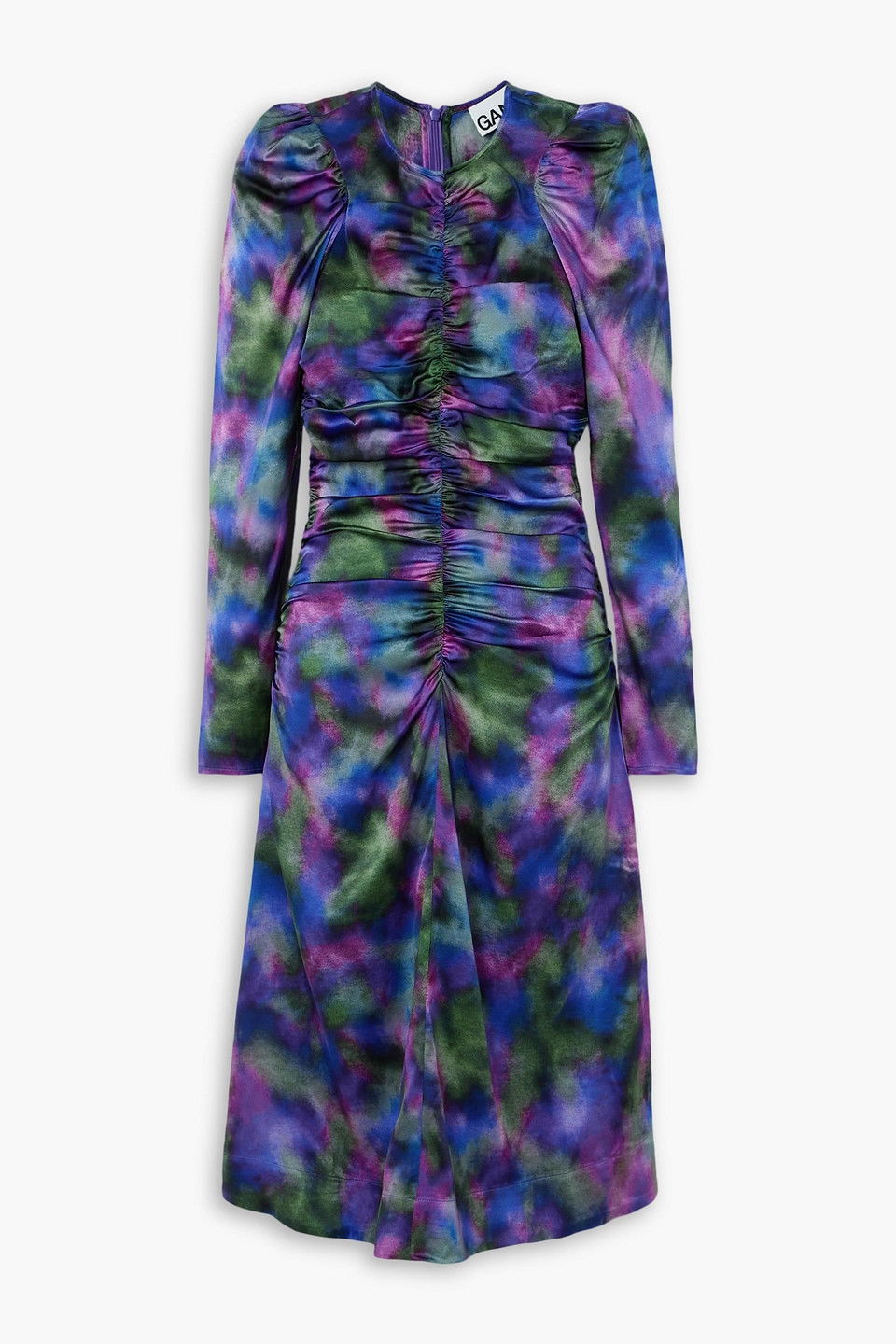 GANNI Ruched Printed Stretch-Silk Satin Midi Dress | endource