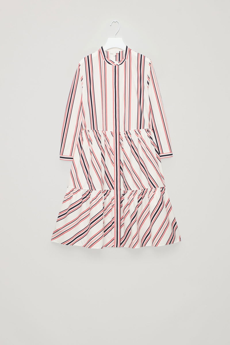 cos striped cotton dress COS Women's Striped Gathered Waist Midi Dress in Brown | Cotton