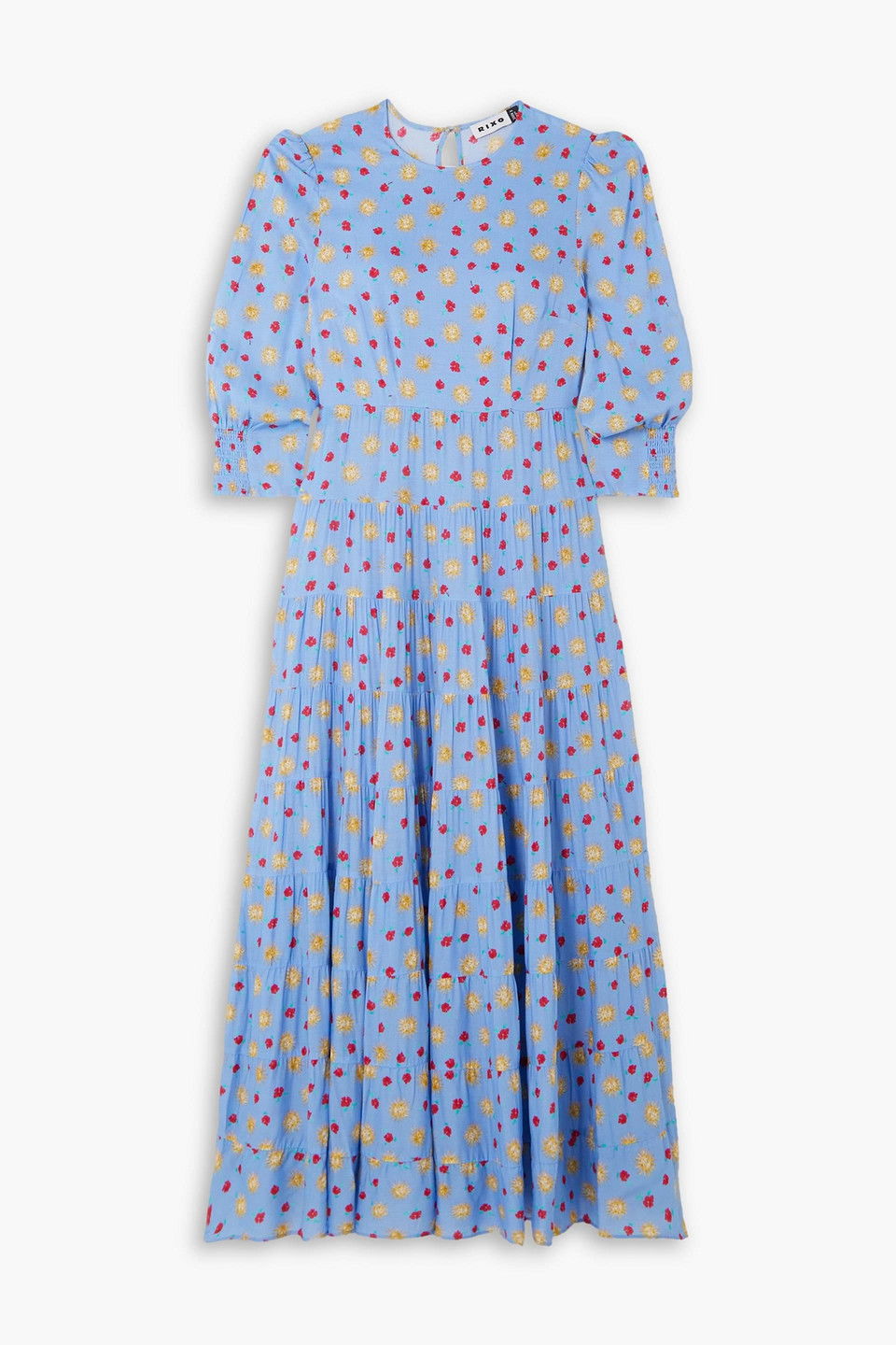 RIXO Kristen Tiered Printed Voile Maxi Dress in Blue | Endource