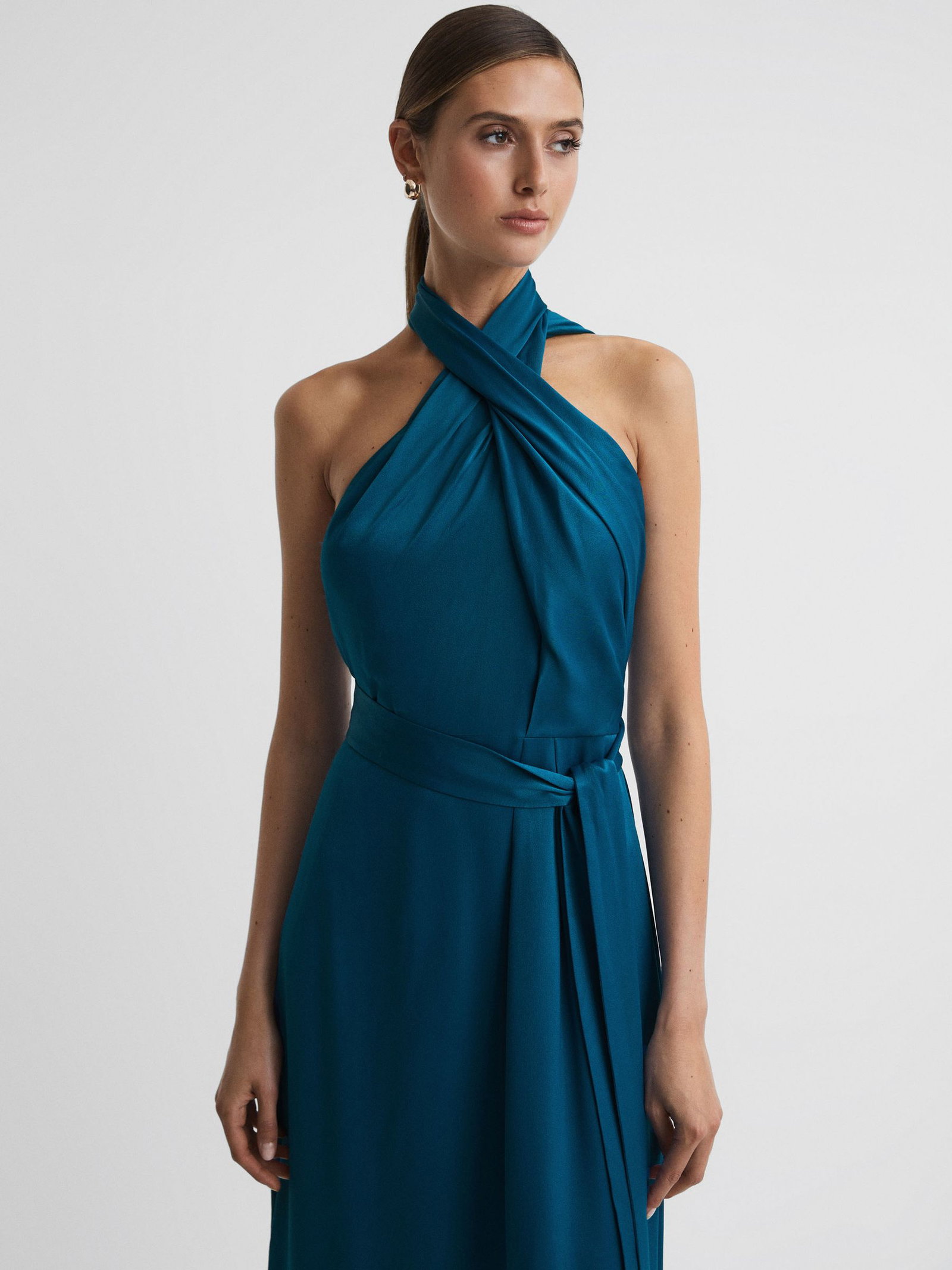 vida satin halter neck fitted midi dress REISS Teal dress